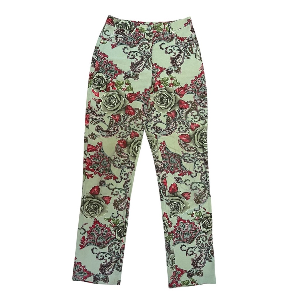 Rare St. John Statement Rose & Paisley Print Pants Green Red Sz 4